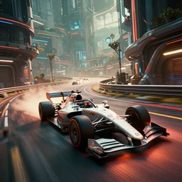 footage of futuristic racing cars driving around a cyberpunk circuit, unreal engine 5 highly rendered, radiant light, detailed and intricate environment, wide angle, cinematic lighting