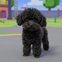 a black toy poodle puppy in a roblox obby, photo realistic