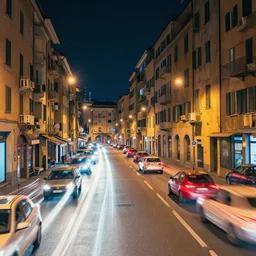 long exposure of the cars in genoa at night. genova. street. night. neon lines. cars. nostalgic.