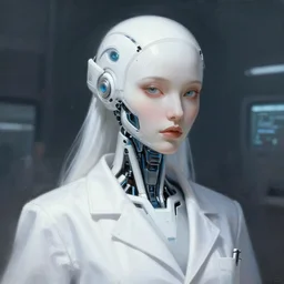 a white cast futuristic biomechanical humanoid woman doctor with pretty face, porcelain skin,, futuristic digital painting, cyberpunk, 8 k,