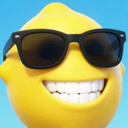 A lemon character wearing sunglasses and smiling with perfect bright white teeth