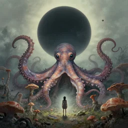 highly detailed illustration of a tiny figure standing before an alien cephalopod in a world overgrown with fungus and spores, diffuse lighting, fog, stunning atmosphere, religious imagery, huge gargantuan black sun, nausicaa, muted colors, by kilian eng and james jean