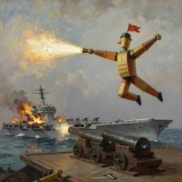 Wooden flying Dutchman firing cannons, at a burning CVN-65 Enterprise aircraft carrier, oil-on-canvas by Ivan Aivazovsky