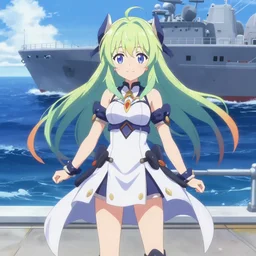 Northern ocean princess from the browser anime game Kantai Collection standing in the middle of the ocean , smiling at camera.