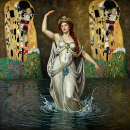 the goddess of amazon emerging from the river!!!!!! | by roberto ferri, by tom bagshaw, by j. c. leyendecker and klimt, american romanticism, artstation, cgsociety, highly detailed oil painting, very intricate, cinematic lighting, award - winning