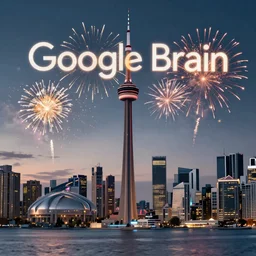 The Toronto skyline with Google brain logo written in fireworks
