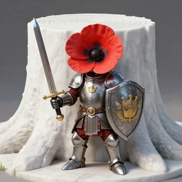 an anthropomorphic poppy flower wears an iron breastplate with a gilded crown crest on it, holding a sword and shield as if she's ready for battle, standing next to a large tree stump that seems to be made out of white marble or stone