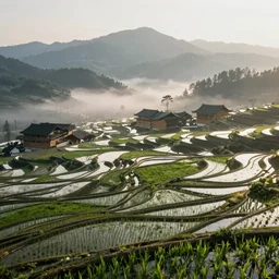 Photo of terrace paddy field of Chinag Mai with several village and rolling mountain at the background, wide angle, volumetric light, fog, mist, morning,  hyperdetailed, light water, artstation, cgsociety, 8k
