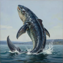 Epic giant sea monster rising from Lake Washington, Glossy Oil on Canvas Masterpiece By (artists names), painted in Linear scale Perspective, Cinematic Lighting, Artstation, Blue Color Scheme