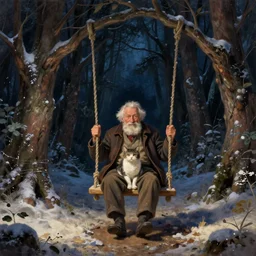 an old man and his cat having fun on a swing at dark night in ancient dense woods in winter, artwork by alexander jansson and andy kehoe and graig mullins and gediminas pranckericius