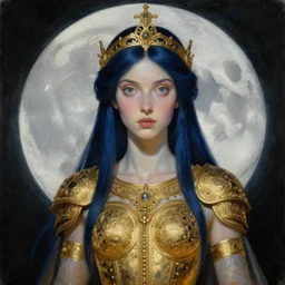 painting of slim priestess of the moon, golden filigree armor and tiara, moon above head, dark blue straight hair, smooth translucent skin, wide striking eyes, beautiful! coherent! by brom, by brian froud, strong line, high contrast, muted color, preraphaelite style, 4 k, trending on artstation