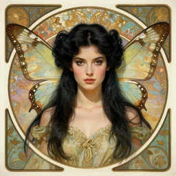 centered portrait, Ellen Paige as a D&D Pixie, black hair, butterfly wings, Art Nouveau, beautiful retro Fantasy heroine 1985, intricate, elegant, highly detailed, centered, digital painting, trending on artstation, concept art, smooth, sharp focus, illustration, art by raphael lacoste, eddie mendoza, Mucha, alex ross, WLOP