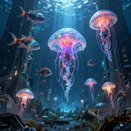 hyperrealistic cinematic underwater dystopian futurist city ruins with giant bioluminescent multicolored mutant fish and cyborg jellyfish, digital art masterpiece, aykut aydogdu eric zener, very dramatic volumetric light, long shot, ground angle uhd 8 k, deep focus