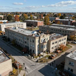 top down aerial view of dilapidated high school with office buildings in the streets in real life, desolate with zombies, dilapidated, zombies in the streets, nightmarish, some rusted style parked vehicles, sunny weather, few clouds, volumetric lighting, photorealistic, daytime, autumn, sharp focus, ultra detailed, cgsociety