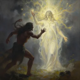 there stands a benevolent celestial being in the midst of a horizontal scene. evil and badness attack the celestial being from one side, but from his other side emerges light and life. the celestial being is a conduit. light and life emanate from the celestial being. | painting by craig mullins. lifelike detail