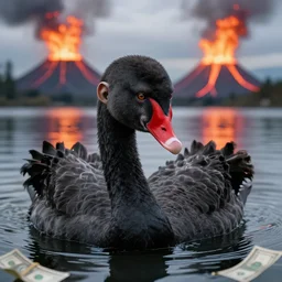 a black swan with an ape face, ape eyes, swimming in the lake. a volcano erupting money instead of lava as background. portrait photography, close up, high definition, 4 k, 8 k, popular on national geographic, highly detailed furs and feathers.