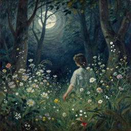 the alchemist's secret, 1 9 7 0 s, seventies, delicate embellishments, a little blood, woodland, moonlight shining on wildflowers, painterly, offset printing technique, by alexandre cabanel
