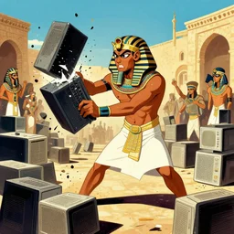 angry man smashing computers in public in ancient egypt art style