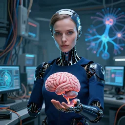 zoomed out, a woman android in dark blue clothes holding a brain and neurons, in a room full of wires and computers and neural networks, realistic face, zoomed out, sci - fi, ai, 4 k realistic, artem demura. alphonse mucha.