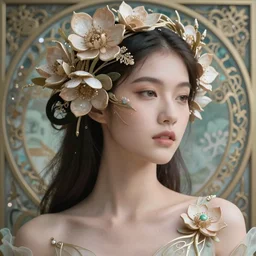 Hyperrealistic beautiful sexy ethereal asian girl portrait, art nouveau, fantasy, intricate flower designs, elegant, highly detailed, sharp focus, art by Artgerm and Greg Rutkowski and WLOP