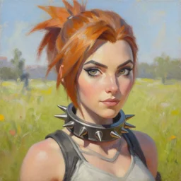 oil painting of tracer overwatch in a field wearing spiked collar around neck, in style of steve henderson, expressive face, wearing choker with spikes, steel collar, detailed face, detailed eyes, full body, feminine face, tracer overwatch,
