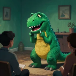a photo of a nightmare version of dinosaur barney crying in an aa meeting