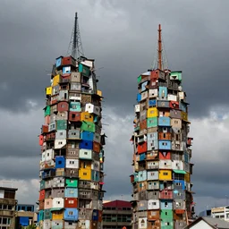 two towers, made up of colourful makeshift squatter shacks, dystopia, hasselblad x 1 d, moody sky at the back, fully frontal view, very detailed, ultra sharp, photographed by jeanette hagglund and ansel adams