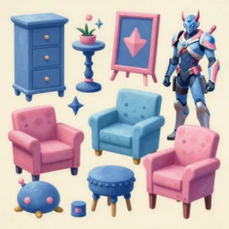 game asset of the sims prey furniture and decor, in gouache detailed paintings, props, stylized, 2 d sprites, kitbash, arcane, overwatch, blue and pink color scheme, 8 k, close up