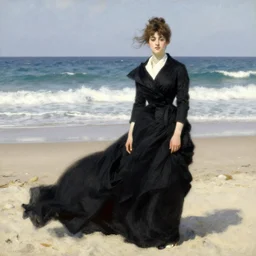 woman in black dress on the beach, leyendecker style,