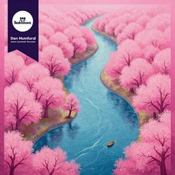 a painting of a river surrounded by pink trees, a silk screen by dan mumford, behance contest winner, generative art, 2 d game art, poster art, intricate patterns