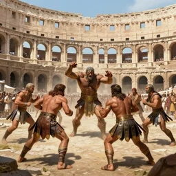 inside the crowded roman colliseum, a monster fighting agains five gladiators at kingdom of julius caesar by world renowned artist, trending artstation, historical artworks, ruins, hiperdetailed