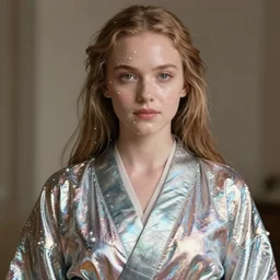 beautiful young winona ryder wearing a futuristic metal kimono, half body portrait, greg kutkowski, sharp details, soft lighting, subsurface scattering, pearls of sweat, glistening skin, warm lighting