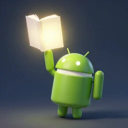 the android is raising one arm that is holding a glowing book in the air