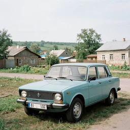 old lada 2 1 0 7 standing in typical soviet yard in small town, hrushevka on background by stephan koldi