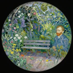 a landscape portrait on the moon of an ethereal garden with a wooden bench in the middle , Monet and Vincent van Gogh