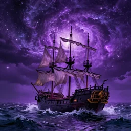 purple color lighting storm with stormy sea close up of a pirate ship trippy nebula sky by banksy