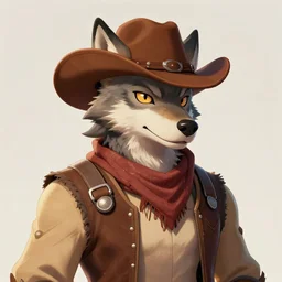 character portrait icon of the anthro anthropomorphic of the male anthropomorphic wolf fursona wearing cowboy outfit wild west character design by charlie bowater, ross tran, artgerm, and makoto shinkai, detailed, soft lighting, rendered in octane