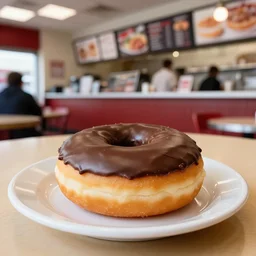 a donut, chocolate frosting, on a plate in a busy diner, very low wide angle, in the background the diner, cinestill 800