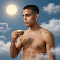 portrait of a ( ( ( un cafe ) ) ), ( ( bellaco guapo joven boricua pelo buzzed wifebeater blanca pecho peludo y con un arete de diamante ) ), nubes y magia, el sol, concept character, by delempicka and rutowski and mucha and bierstadt and remington, trending on artstation