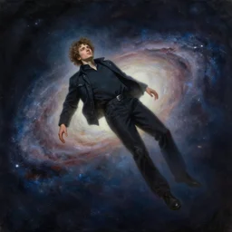 cinematic portrait of a man floating alone in a galaxy, oil on canvas, masterpiece, trending on artstation, featured on pixiv, cinematic composition, dramatic pose, beautiful lighting, sharp details, hyper-detailed, HD, HDR, 4K, 8K, art by Tim Hildebrandt and Wayne Barlowe and Bruce Pennington and ruan jia and larry elmore,