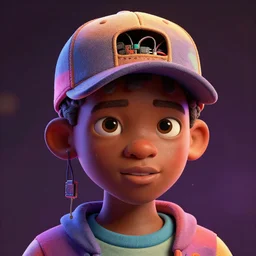 colourful portrait of an african boy wearing a baseball cap with wires and computer chips dangling from its inside, vfx art by james jean, volumetric light, dramatic lighting, ray tracing, digital painting, digital illustration, claymation style, octane render, sharp, intricate detail, behance, artstation, pinterest,