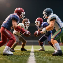low angle shot of football players made of yarn about to collide, dramatic lighting, shallow depth of field, football players are made of yarn