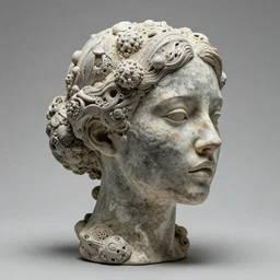 “ an intricate and extremely detailed sculpture of a female head made of quarks ”