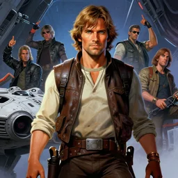 character portrait closeup han solo standing in the cockpit of the millennium falcon, confident, character design, katsuya terada, frank frazetta, tom of finland, wlop, artgerm, dan mumford, action pose, trending on artstation, octane