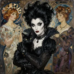 an elegant Elvira Mistress of the Dark holding a black cat on her arms, portrait, intricate, elegant, highly detailed, digital painting, artstation, concept art, rough, sharp focus, illustration, art by artgerm and greg rutkowski and alphonse mucha and cris ortega and serge birault