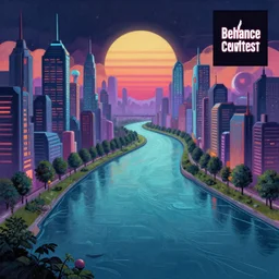 a digital painting of a river running through a city, a matte painting by james gilleard, behance contest winner, retrofuturism, synthwave, cityscape, 2 d game art