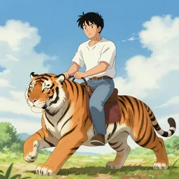 a human man riding on a tiger in anime style