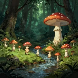 tiny mushroom people with mushrooms for heads walking by a stream in a lush forest, dramatic lighting, illustration by Greg rutkowski, yoji shinkawa, 4k, digital art, concept art, trending on artstation