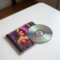 birds eye view wide angle portrait of a beautiful, colorful, cd case on a blank white table with a cd that is reflecting a lot of color off of it and has a red sticker on the case, detailed, award winning, 8 5 mm, bokeh,