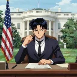 president griffith from berserk by kentaro miura sitting at white house desk with american flag at his side